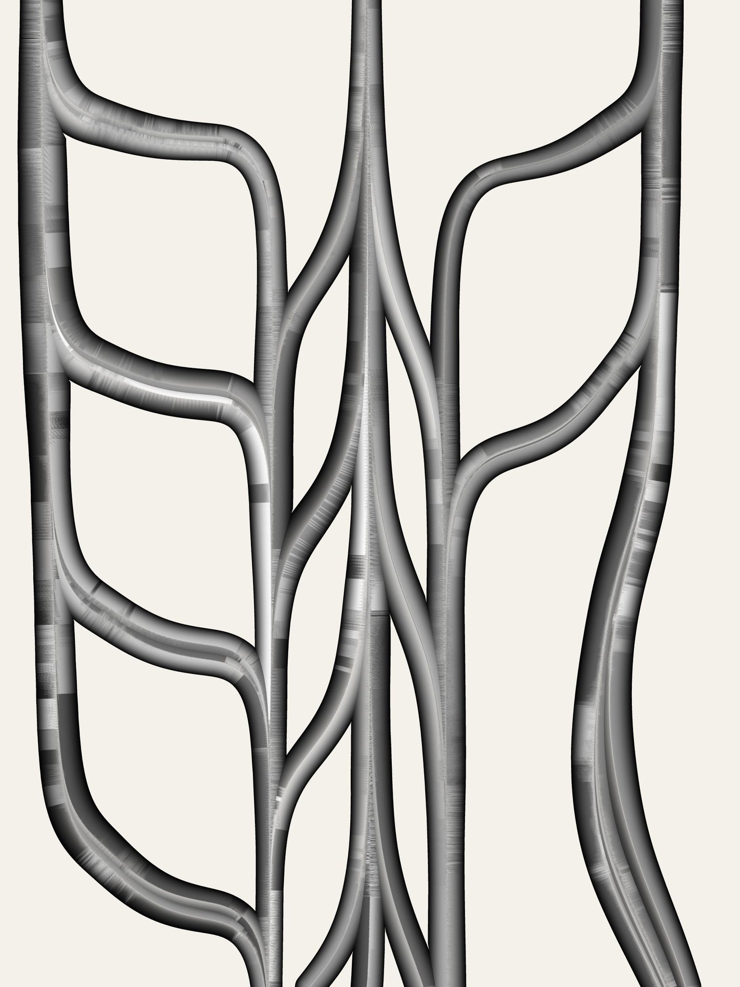 A minimalist abstract artwork depicting a symmetrical, branching network of gray tubes or veins on a light cream background.