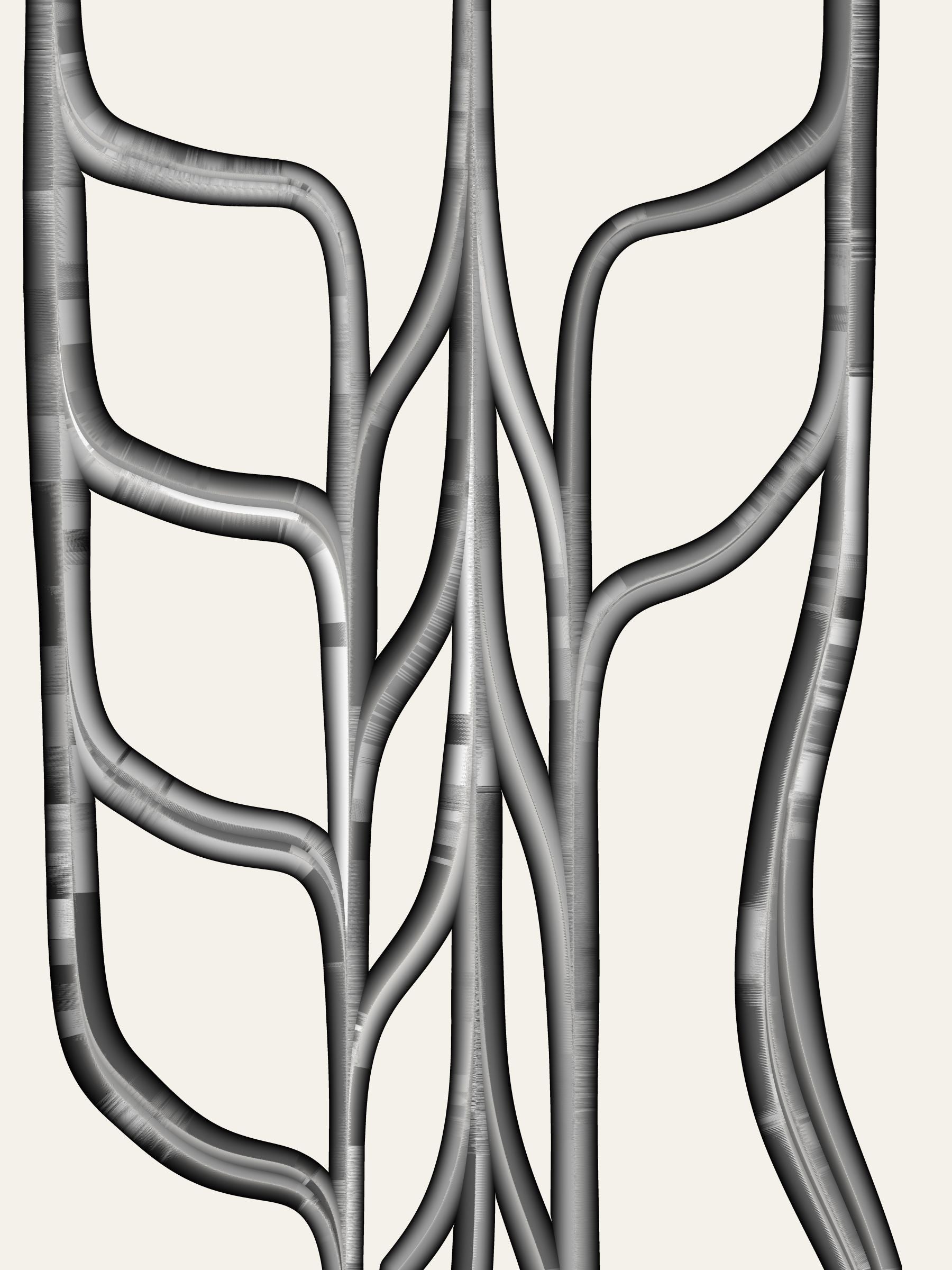 A minimalist abstract artwork depicting a symmetrical, branching network of gray tubes or veins on a light cream background.