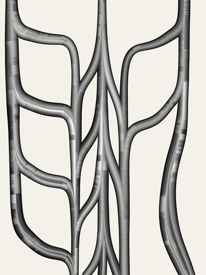 A minimalist abstract artwork depicting a symmetrical, branching network of gray tubes or veins on a light cream background.